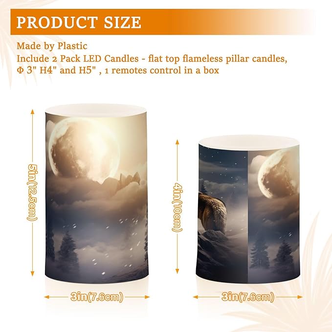 YETTASBIN Wolf Flameless Candles with Remote Control and Timer, Adjustable Brightness Long Lasting Battery Operated LED Pillar Candles for Indoor Outdoor Party Home Decor, 2 Pack