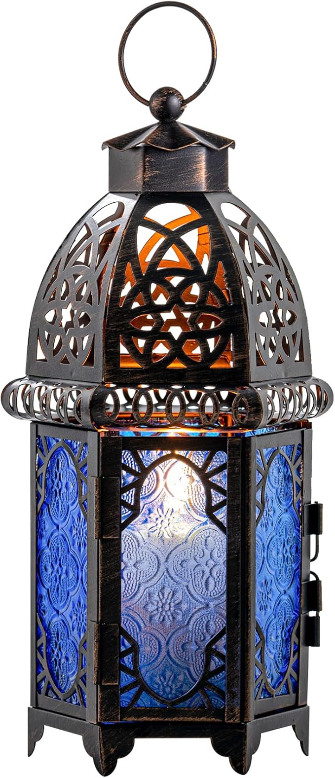 DECORKEY Vintage Candle Lantern, 12.8’’ Moroccan Style Decorative Metal Hanging&Tabletop Lantern, Ramadan Christmas Candle Holder Decorations for Home Outdoor Patio (Blue)