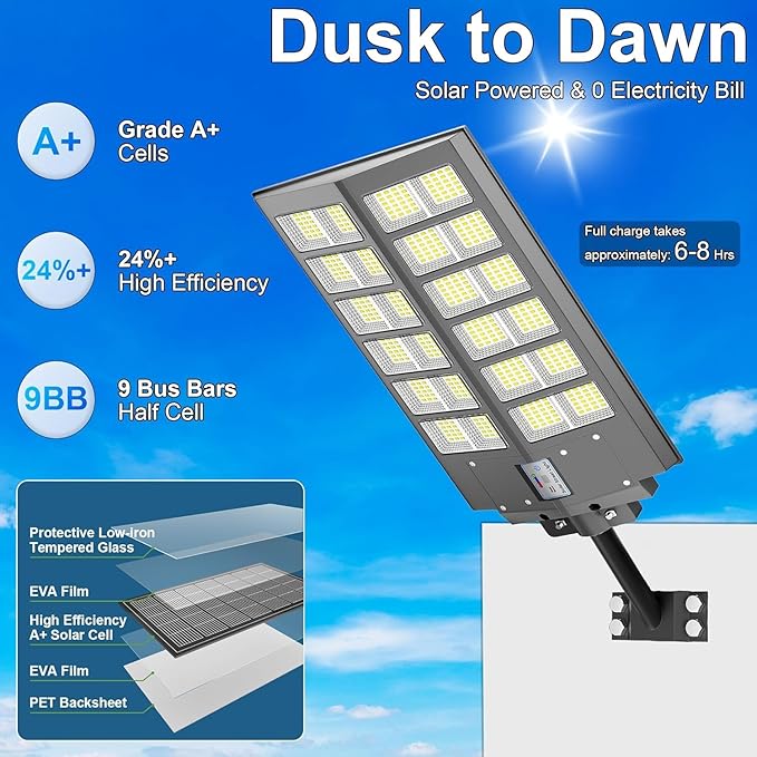 Solar Street Light - 9000W Street Lights Outdoor 260000LM Dusk to Dawn Solar Power Parking Lot Light, IP67 Waterproof Wide Angle Lamp with Motion Sensor for Yard, Road 1 Pack