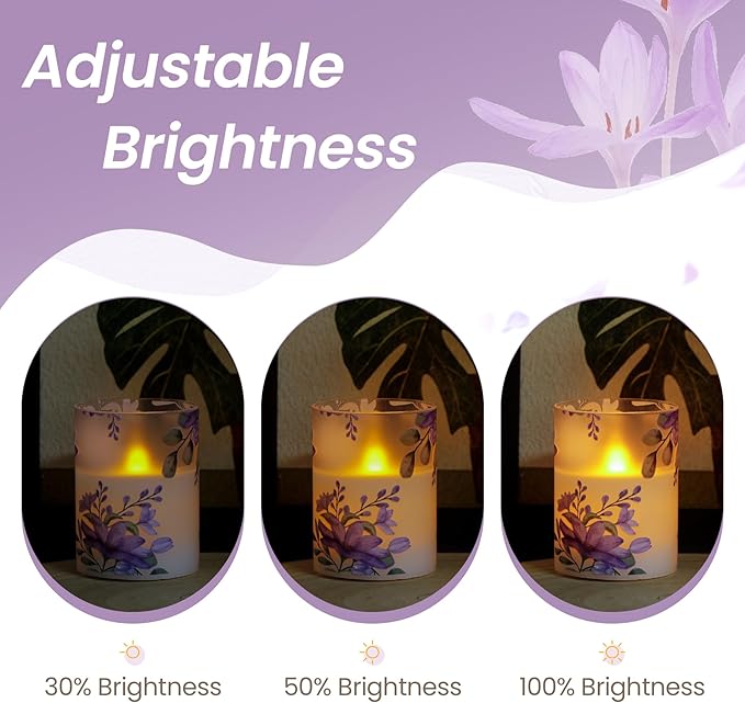 Pack of 3 Flameless Daily Timer Flickering Real Wax Pillar Candles, 3" x 4" 5" 6" LED Battery Operated Purple Flowers Glass Warm Light with Remote Control