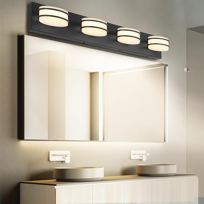 3 Color Temperature Dimmable Bathroom Light Fixtures Over Mirror, LED Black 4 Light Vanity Lighting Fixtures, Acrylic Stainless Steel Oval Shade Vanity Lights for Bathroom, ETL Certificated