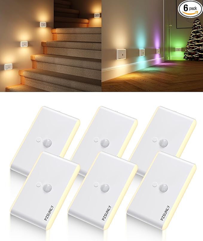 6 Pack Motion Sensor Night Light,Rechargeable Stair Lights, Motion Sensor Light Indoor, Battery Operated Night Light for Hallway, Stairway, Bathroom, Bedroom, Kitchen