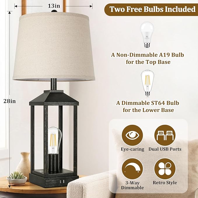 28" Black Farmhouse Bedside Table Lamp for Living Room, 3-Way Dimmable Touch Control Modern Nightstand Lamp with 2 Light, Rustic Desk Lamp with USB Ports for Bedroom, Home, Office, 2 Bulbs Included
