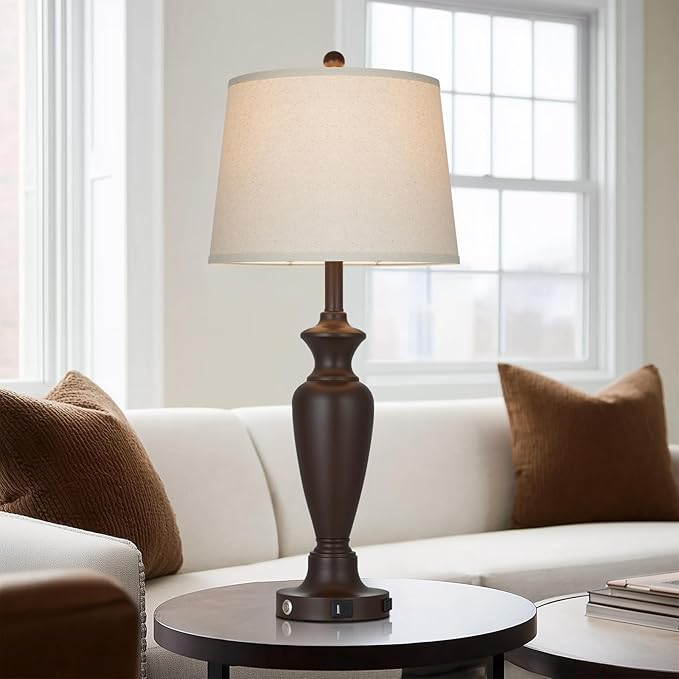 30" Tall Brown Table Lamp for Living Room, 3-Way Dimmable Touch Control Bedside Lamp for Bedroom Nightstand with USB A+C Ports & AC Outlet (1 Pack)