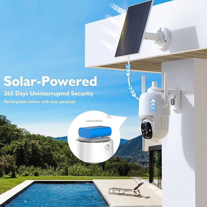 Security Cameras Wireless Outdoor, 2K 3MP Pan Tilt 355° View IP65 Waterproof Rechargeable Battery Powered PTZ WiFi Solar Camera with PIR, Color Night Vision,2-Way Talk,Cloud/SD