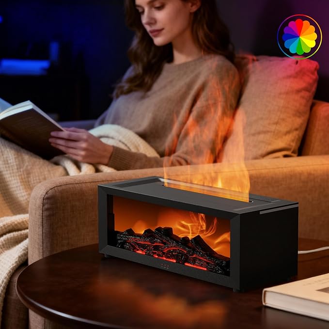 Aixiqee Yellow Fireplace Diffuser, Flame Fireplace Aroma Diffuser for Essential Oils, Colorful Aromatherapy Fireplace Humidifier with Remote Control & Timer