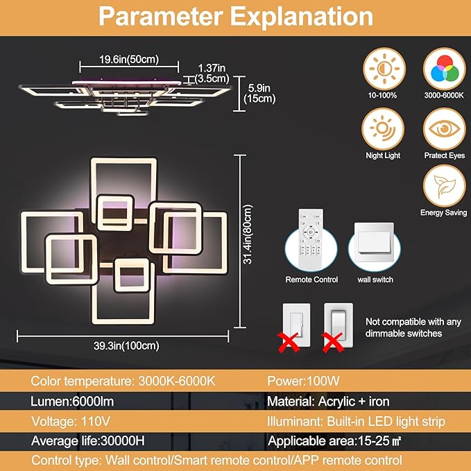 Stunning Layered Square Geometric Modern LED Ceiling Light - 100W Super Bright Black Flush Mount Chandelier, Dimmable RGB, Remote Control Included for Living Room Bedroom Dining Room