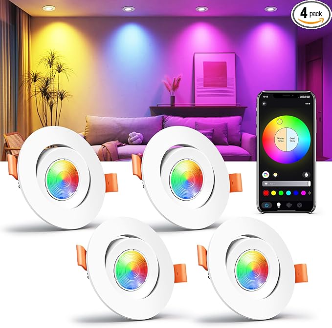 Smart 3 Inch LED Recessed Lighting, Ultra-Thin 60°Adjustable Downlight, 5W WiFi Compatible with Alexa and Google Home, Dimmable RGB & CCT 2700K-6500K, 120V Ceiling Light with LED Driver, 4 Pack