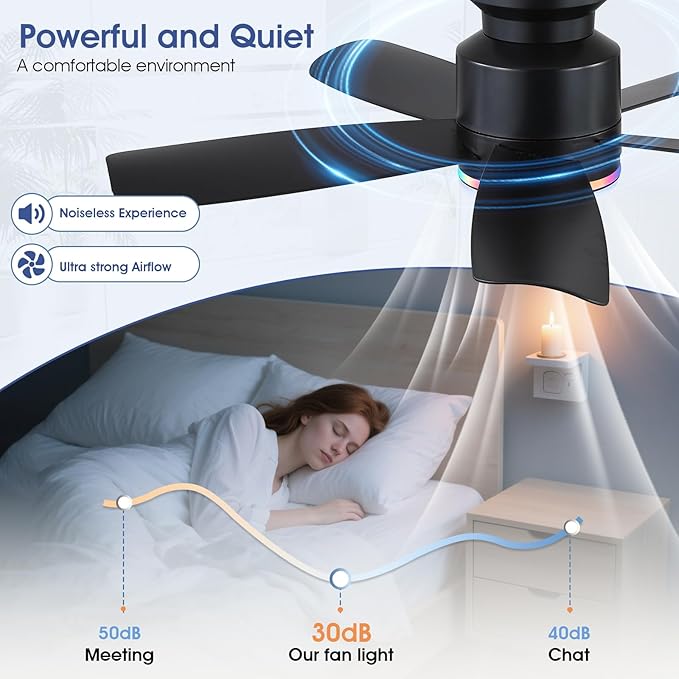 Ceiling Fans with Lights and Remote/APP Control, 41 inch Low Profile Ceiling Fan, 3 CCT LED Dimmable White Lights + RGB Ring Lights, 5 Reversible Plastic Blades 6 Speeds for Kidsroom, Black