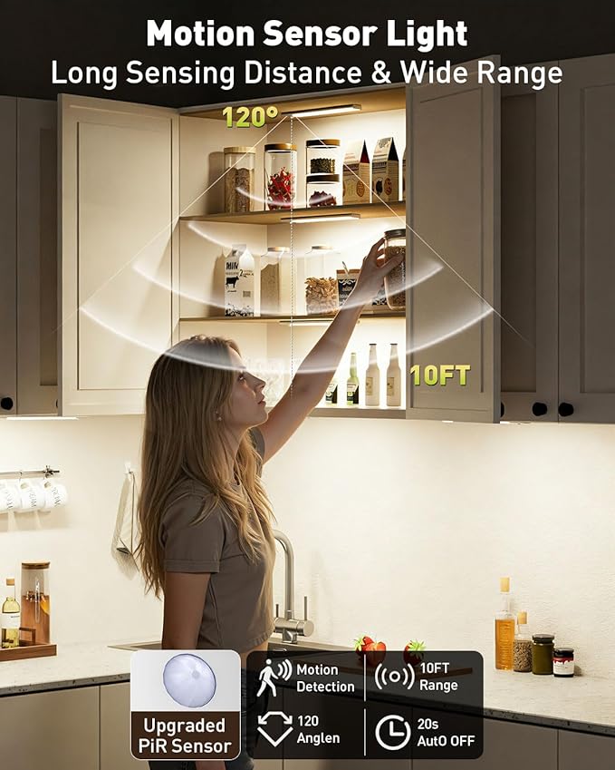 Diomart Under Cabinet Lights Motion Sensor, Rechargeable Puck Lights Wireless with Adhesive, Dimmable Kitchen Closet Lighting, 3 Color Temperature Adjustable, Auto On/Off for Stairs, Counter, 5 Pack