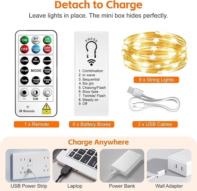 8 Pack Rechargeable Fairy Lights with Remote & DIY Timer, 7ft 20LED Dimmable Silver Wire String Light for Mason Jar, Mini Twinkle Lights for Indoor Christmas Bedroom Wedding Decor, Warm White