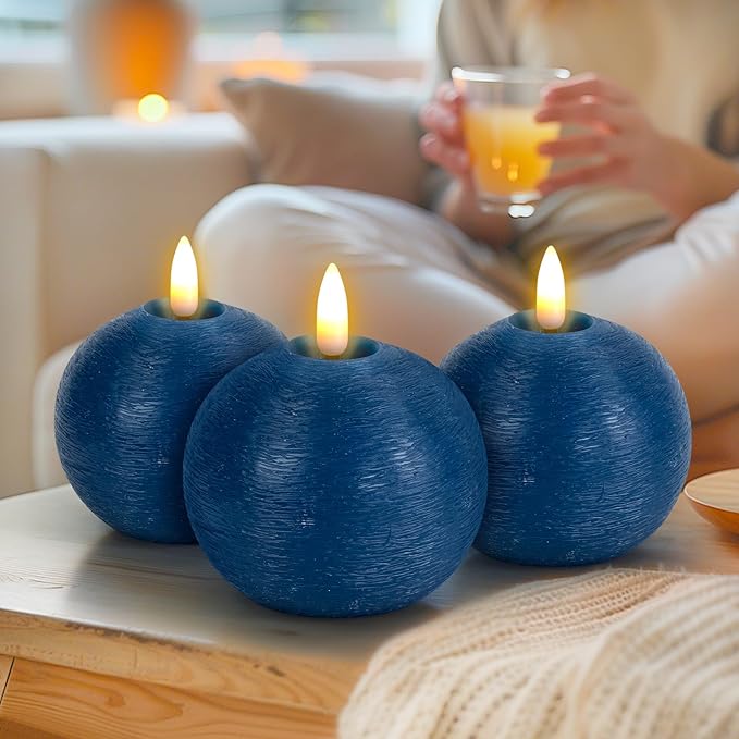 Flameless Candles with Remote, Blue Round Candles Ball LED Battery Operated Real Wax Candles Warm Light 3D Wick Flickering for Home Party Wedding Decor (Set of 3)