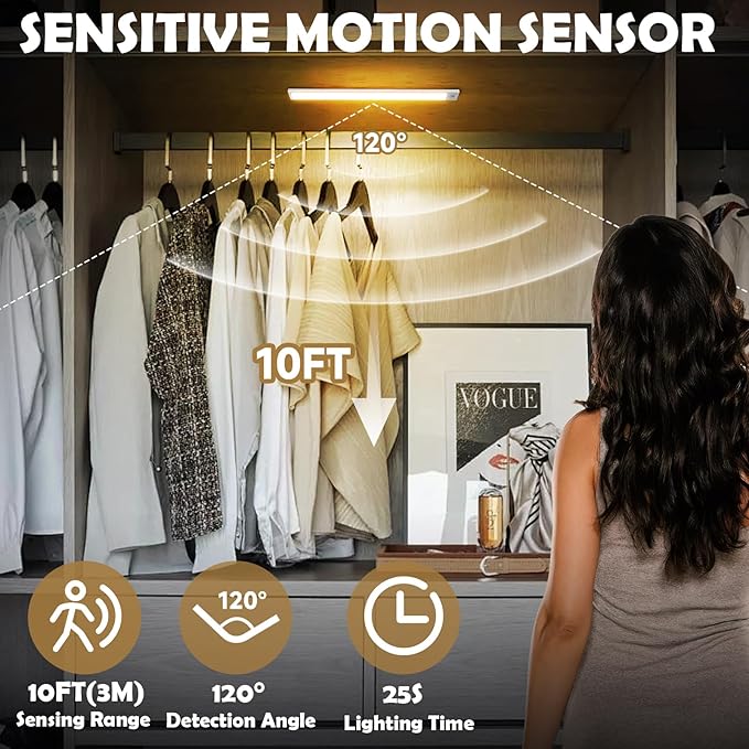 16 inch Under Cabinet Lighting, 80 LED Motion Sensor Closet Light, 1500mAh Rechargeable Battery Dimmable 3 Color Temperature Magnetic Wireless for Kitchen, Shelf, Stairs, Wardrobe, 6 Pack