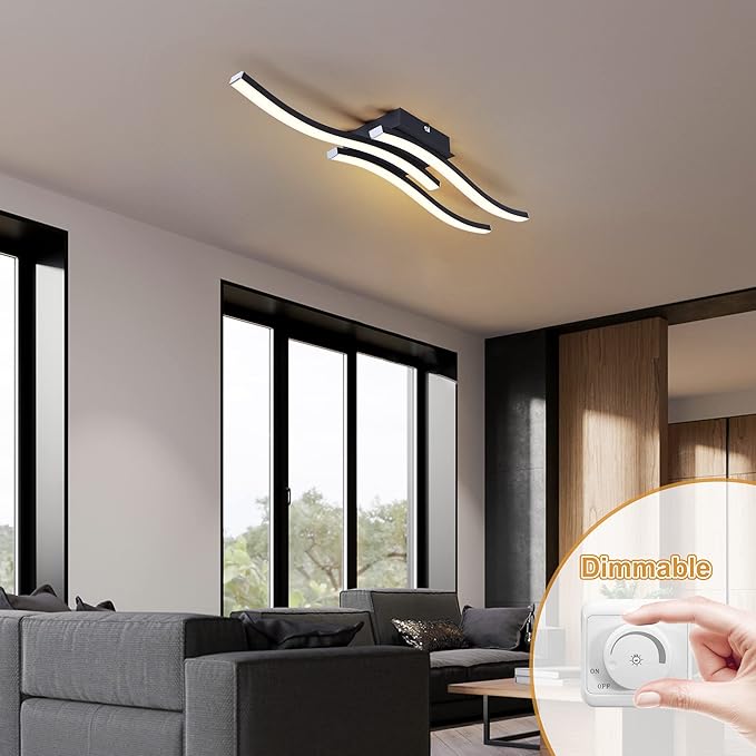 EDISLIVE Modern Dimmable LED Ceiling Light Curved 3 Light 22.5 in Minimalist Flush Mount Ceiling Light Fixture Lamp for Bedroom Foyer Kitchen 3000K 18W Black