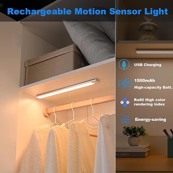 Magnetic Under Cabinet lighting 2 Pack, 12" Rechargeable - 3 Color Dimmable LED, Ultra Slim 1800 Battery Powered Motion Sensor light indoor Punch-free Smart Sensor Magnetic Rechargeable Led Light