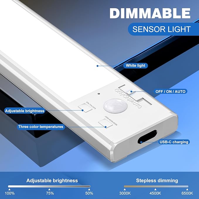 Under Cabinet Lights 2 Pack 8 inch Rechargeable Battery Operated Motion Sensor Light Indoor USB Charging Closet Lights Battery Operated with 3 Color Temps for Kitchen, Stairs, Home