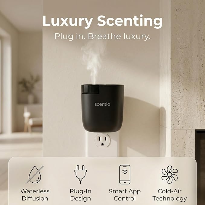 Scentia Waterless Plug-in Scent Diffuser with App Control | Essential Oil Diffuser | Hotel-Inspired Scent Included | 600 Sq. Ft. Coverage | Housewarming Gift | Black