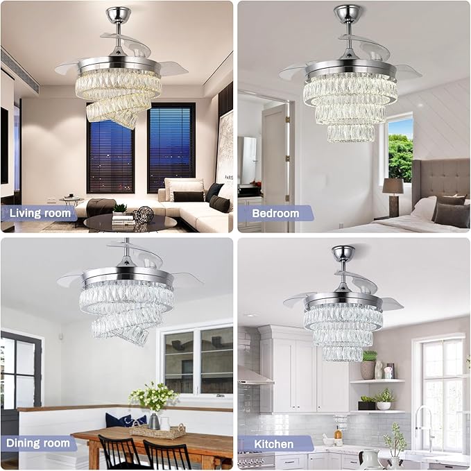 Finktonglan 42'' Fandelier Ceiling Fan with Light, LED Crystal Chandelier Ceiling Fan with Remote Retractable Chandeliers Fan for Bedroom Living Room, Timing 6 Speed Reversible, Chrome