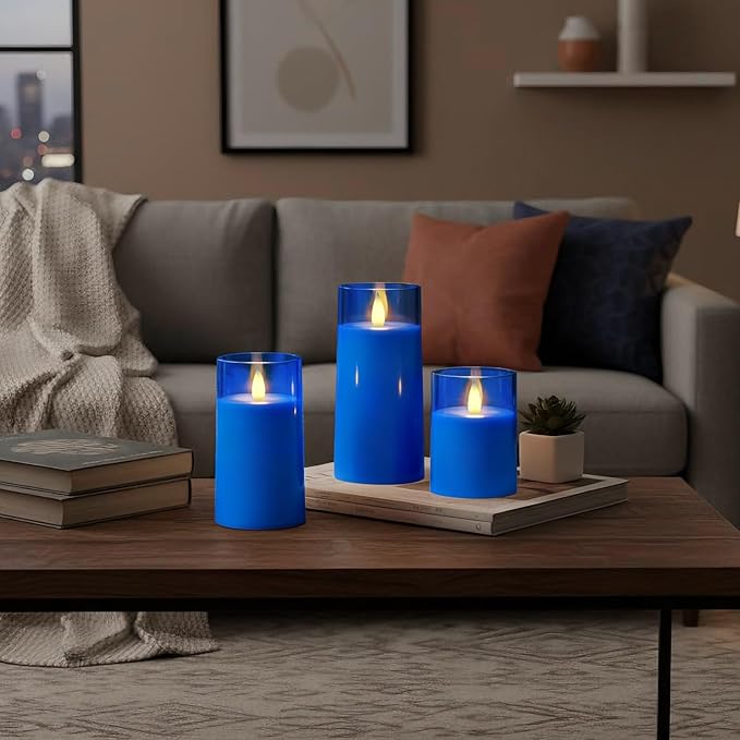 Raycare Flameless Electronic Pillar Candles with Remote Control and Timer- Battery Operated Realistic Flickering LED Fake Candle for Home, Wedding, Valentine's Day Decor,Blue,Set of 3(3"x4"5" 6")