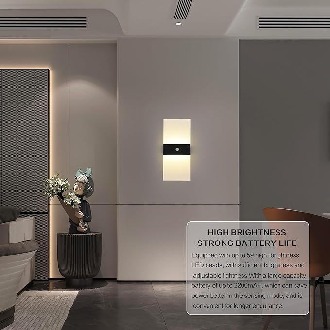 Rechargeable Wall Sconces Set of 2,Magnetic Wireless Led Wall Lamp, 2200Mah Battery Operated Motion Sensor Wall Lights Indoor Dimmable with Switch for Bedroom,Living Room,Hallway,Stair
