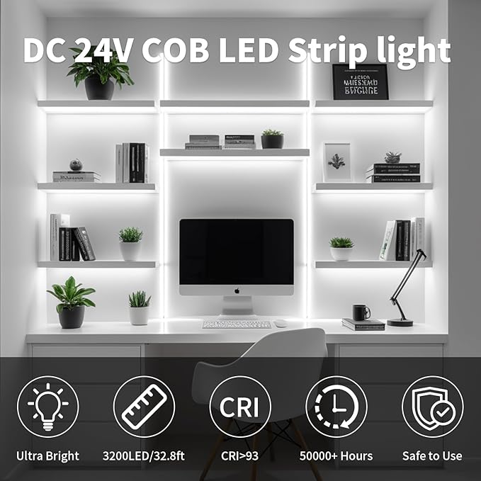 32.8FT/10M COB LED Strip Lights, Cold White 6500K Cuttable LED Tape Light, 3200 LEDs High Bright CRI93+ Flexible Lights Strip for Bedroom, TV Backlight, Cabinet Lighting (No Plug)