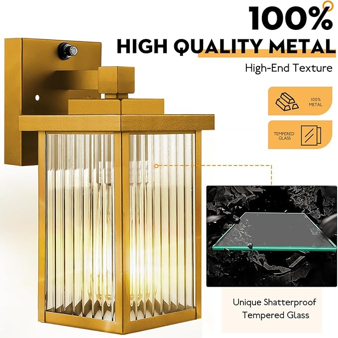 2 Pack Dusk to Dawn Outdoor Lighting, Waterproof Outdoor Porch Light with Tempered Glass, Outdoor Light Fixture for House Exterior Front Door Garage Patio (Gold Color)