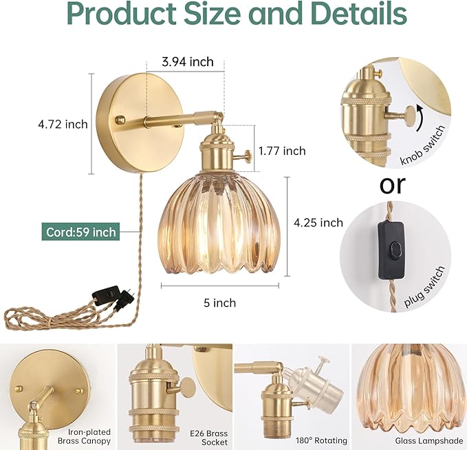 Plug in Wall Sconce, Amber Tulip Glass Lampshade Wall Light Plugin Corded for Bedside Bedroom Doorway
