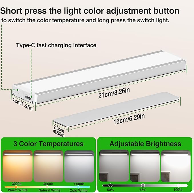 AIBOO Under Counter Lights, 1800mAh Rechargeable Gun Safe Lights Motion Sensor Lights,3 Pack 8 inch Under Cabinet Lighting,3 Color Temperatures Magnetic Closet Lights for Kitchen, Stairs,Wardrobe