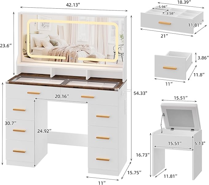 IDEALHOUSE Vanity Desk with Mirror and Lights, Makeup Table with Glass Top & 8 Drawers, 3-Color LED Mirror, Power Outlets & USB, Hair Dryer Holder, Stool Included, Dressing Table Set for Bedroom