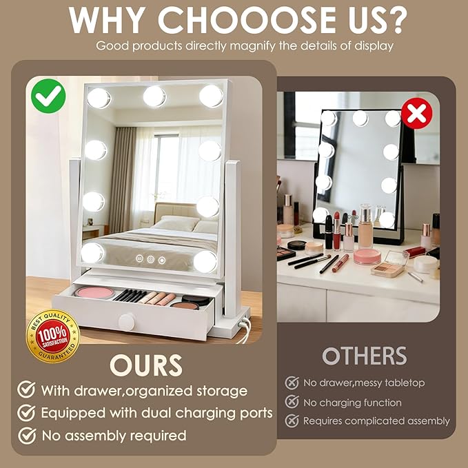 Vanity Mirror with Lights with Drawer,USB Charging Port, Hollywood Makeup Mirror with 9 Dimmable Bulbs,3 Color Lighting Modes, Detachable 5X Magnification, Smart Touch Control Gifts for Women