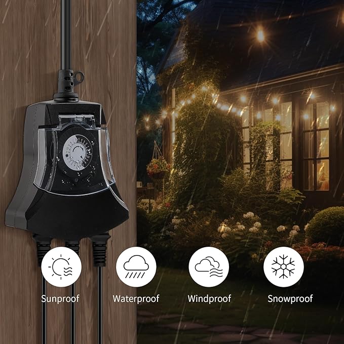 Outdoor Timer Outlet Waterproof, 24 Hour Mechanical Timer Outlet for Home and Garden, 3 Grounded, 15A 3/4HP, Black, 1 Pack