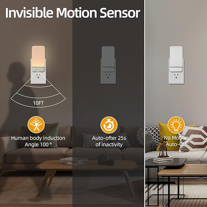 Dawnrise Night Lights Plug into Wall, Invisible Motion Sensor Night Light, Soft Warm or Cool White Selectable, Brightness Adjustable, LED Night Lights for Bedroom, Bathroom, Stairs, Hallway, 2PK