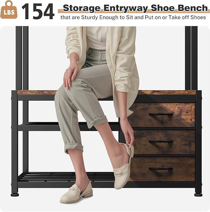 Raybee Hall Tree with Bench and Shoe Storage, Coat Rack Freestanding with 3 Fabric Drawers, Entryway Bench with Shoe Storage, Hall Tree with 12 Hooks for Hallway, Rustic Brown
