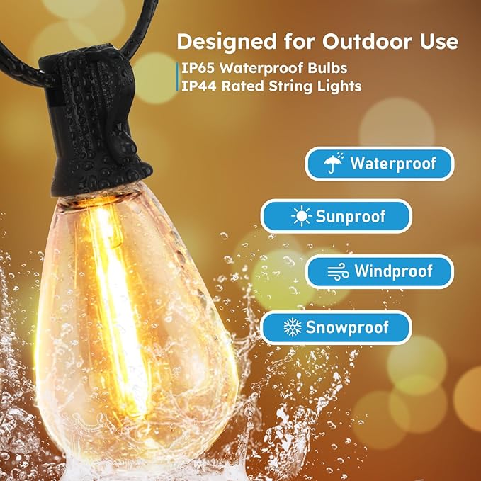 LED Outdoor String Lights, 100FT Waterproof Patio Lights with 32 Shatterproof S11 Plastic Bulbs, 2700K Warm White Edison Hanging Lights for Backyard, Garden, Porch, Bistro