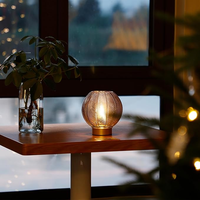 Battery Operated Lamp with Timer, Cordless Amber Glass Table Lamp, Battery Powered Small Lamps Decorative for Living Room Bedside Shelf Corner -Amber