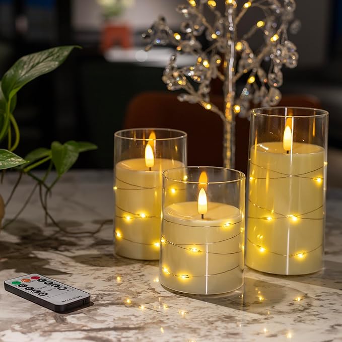 Flickering Flameless Candles with Embedded String Lights - Acrylic Battery Operated Candles with Remote, LED Pillar Candles for Valentines/Wedding Home Decor（White）