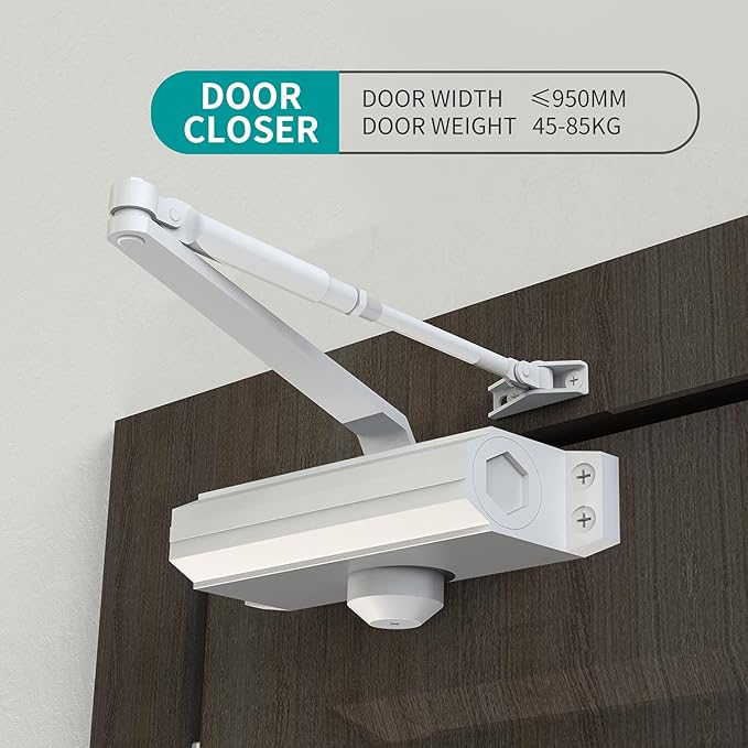 Automatic Door Closer Heavy Duty Fire Prevention Spring Hydraulic Aluminum Alloy Surface Mounted Residential Commerical Door Closer (White, Size2-Door Weights 99-187 Lbs)