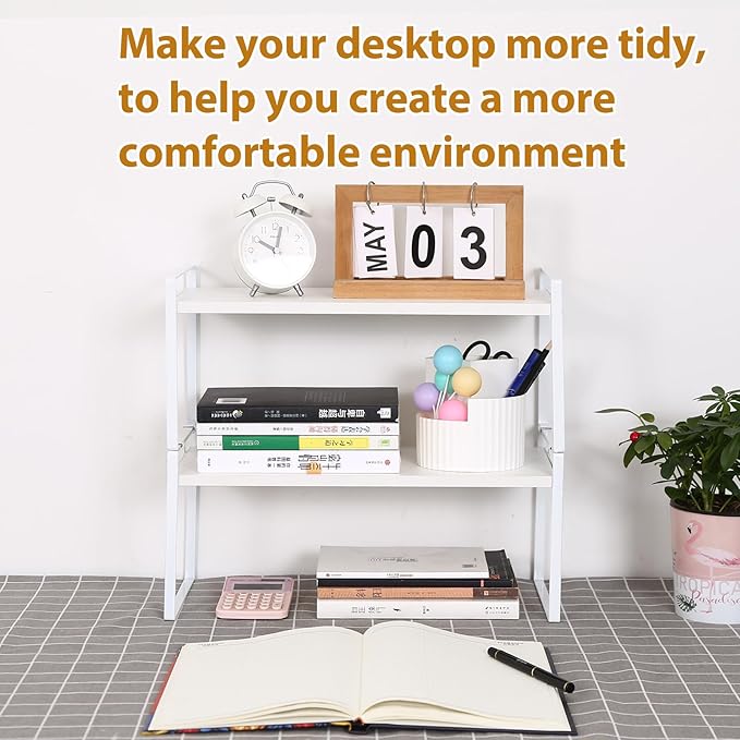 Desk Shelf Organizer for Top of Desk, Detachable 2 Tier Desktop Bookshelf, Wooden Desk Shelves Storage Rack, Small Desktop Shelf for Office Home Dorm, Tabletop Desk Organizer Stand (White+White)