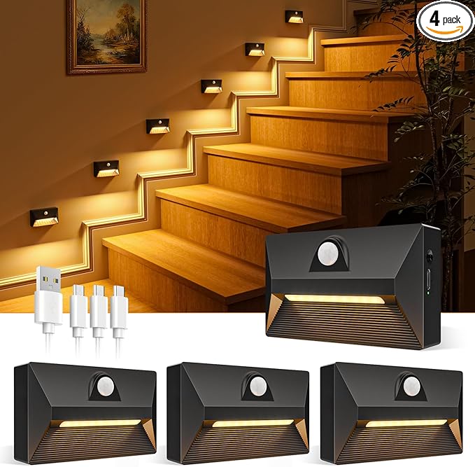 VOLISUN Motion Sensor Stair Light Rechargeable 4 Pack, Night Lights 3 Modes & 3 Color Temperatures, Magnetic Rechargeable Stick-On Lights for Stairs, Hallway, Cabinet(Black)