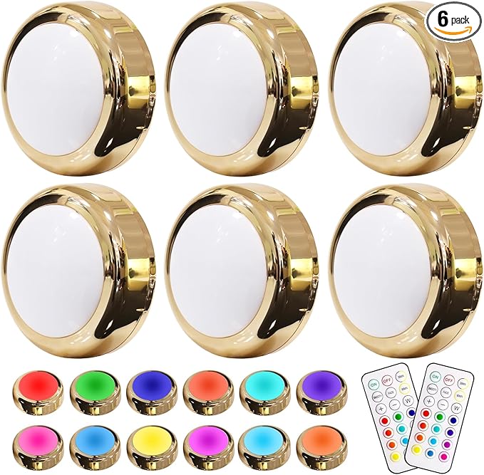 HELPLEX LED Puck Lights with Remote, 6 Pack Color Changing RGBW Stick-On Light, Battery Powered, Dimmable Under Cabinet Lighting with Timer & Memory, Wireless Push Lights for Kitchen & Closet, Gold