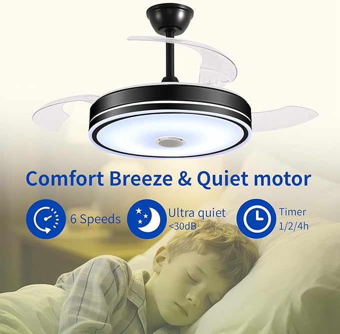 42'' Retractable Hanging Fan with Lights, Smart Fan Light with Bluetooth Speaker, App Control for Dimming & RGB Color Change Reversible Bedroom Living Room