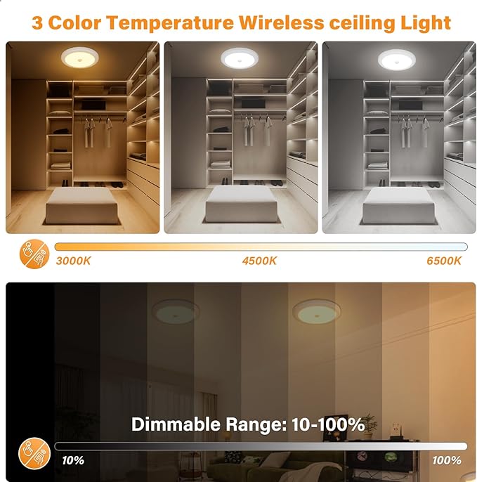 Battery Operated Motion Sensor Ceiling Light with Remote, 3 Color, Dimmable, Wireless LED Battery Powered Closet Light, for Closet Doorway Stairs Hallway Bathroom, 1 Packs(Battery Not Included)