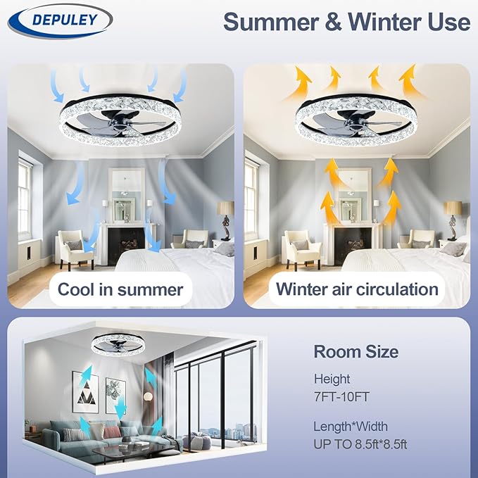 Depuley Bladeless Ceiling Fans with Lights: 20" Black Modern Low Profile Flush Mount Ceiling Fan with App Remote Control - Bedroom Enclosed Crystal Fandelier with Dimmable LED for Living Room Kitchen