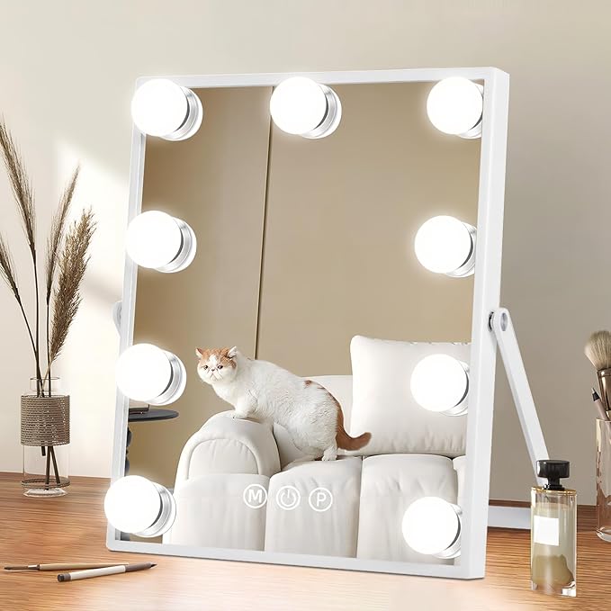 Vanity Mirror with Lights, Hollywood Vanity Makeup Mirror with Lights, Lighted Make Up Mirrors with 9 Dimmable Bulbs, 360 Degree Rotation Mirror, Smart Touch Control, 3 Color Modes (12" L x 10" W)
