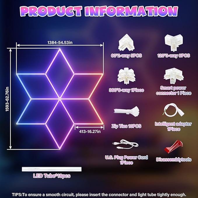 Hexagon RGB Garage Lights, Multicolor LED Lights with Music Sync, 358 Dynamic Effects, Dimmable & Speed Control for Gaming Rooms, Bars, Studios, Home Gyms
