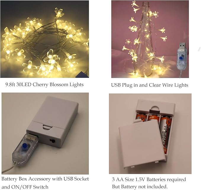 Fairy Battery & USB Flower String Lights Girls Bedroom, 10ft 30 LED Decorative Cute Cherry Blossom Floral Lamp for Christmas, Birthday, Wedding Party, Centerpiece, Dorm Indoor Decoration (Warm White)