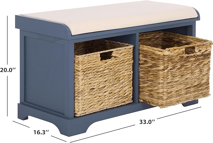 SAFAVIEH Home Collection – Freddy Blue Storage Bench with Seat Cushion, 2 Basket Drawers, Coastal Farmhouse Entryway Design, Fully Assembled (AMH5736K)