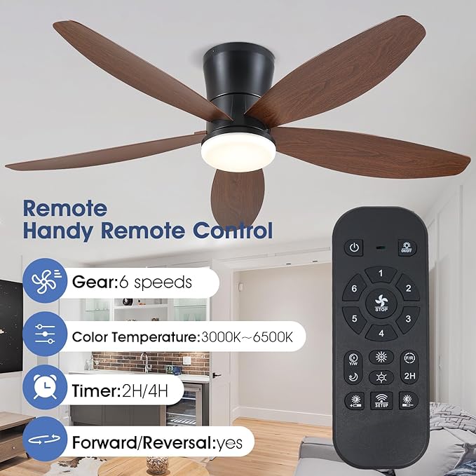 48" Ceiling Fans with Lights-Low Profile Ceiling Fan with Light and Remote/APP Control,Flush Mount,LED Dimmable Modern Ceiling Fans for Bedroom,Indoor/Outdoor Patio Use(Brown)