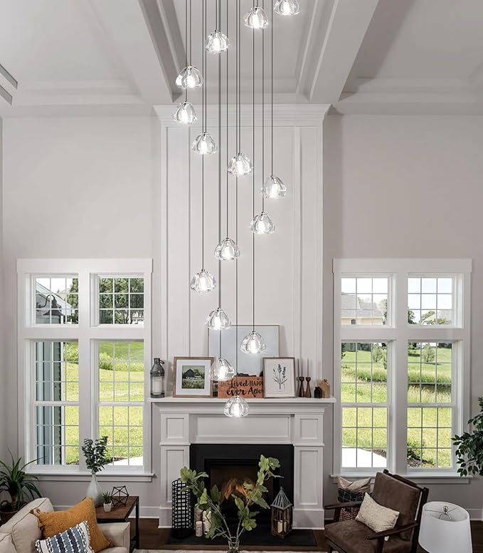 LED Glam Chandelier 118 inches Long Light Luxury Crystal Ceiling Chandeliers Remote Dimmable High Ceiling Pendants Lighting Fixtures Black 15 Lights