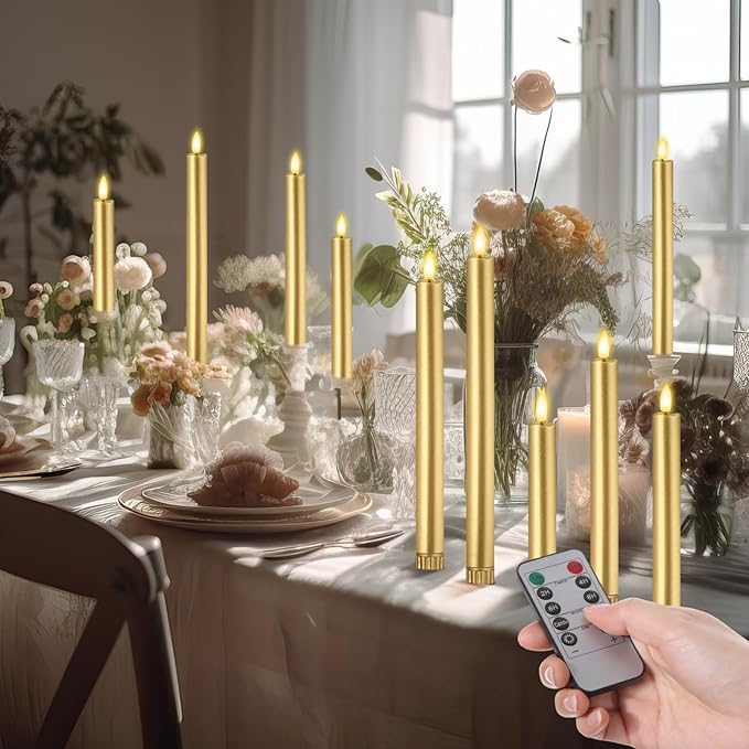 10 Pcs Flameless Taper Candles with Remote Battery Operated Taper Candles Include 6.5'' 7.7" 8.9" 10" 11.2" Fake LED Electric Candle Sticks for Valentine's Day Home Wedding Decor (Gold)